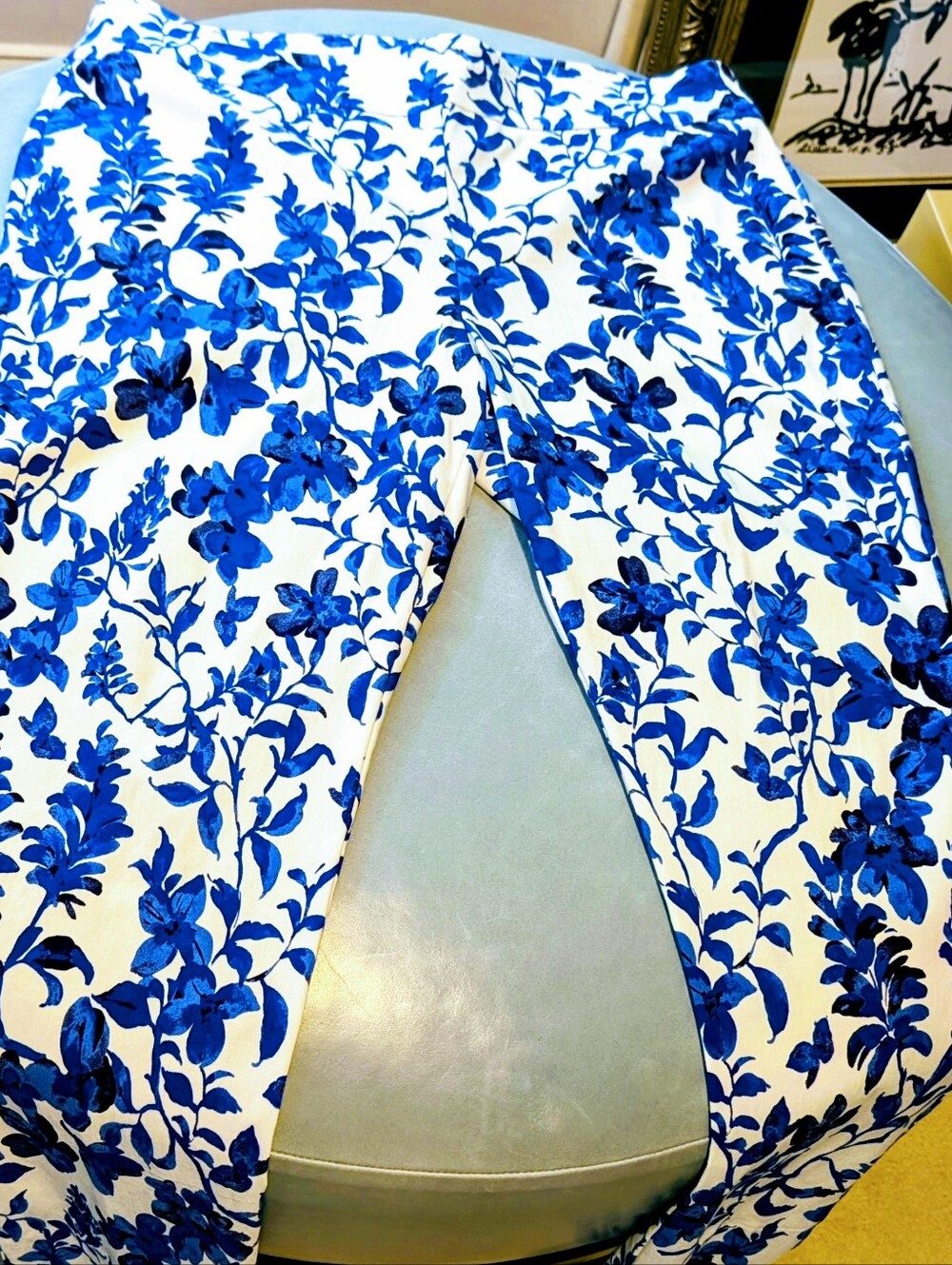 Counterparts White Pants with Bold Blue Floral Pattern